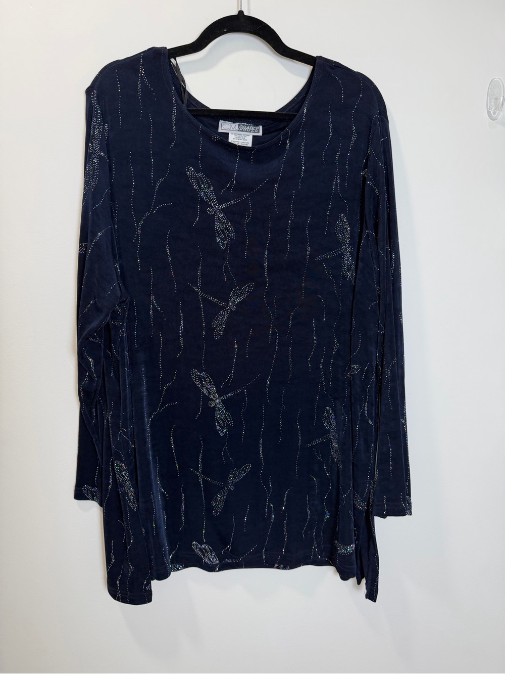 C.M. Shapes 2X Navy Blue Dragonfly Rhinestone Tunic Top Plus Size Sparkle